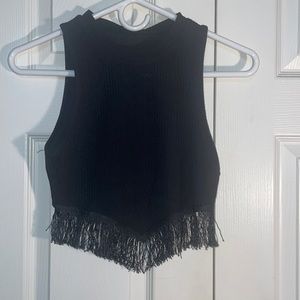 Western Fringe Trim Ribbed Knit Tank Top, Black, Small